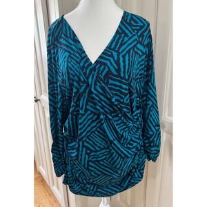 Susan Graver XL Top Blouse‎ Blue Black Abstract Print Long Sleeve V Neck